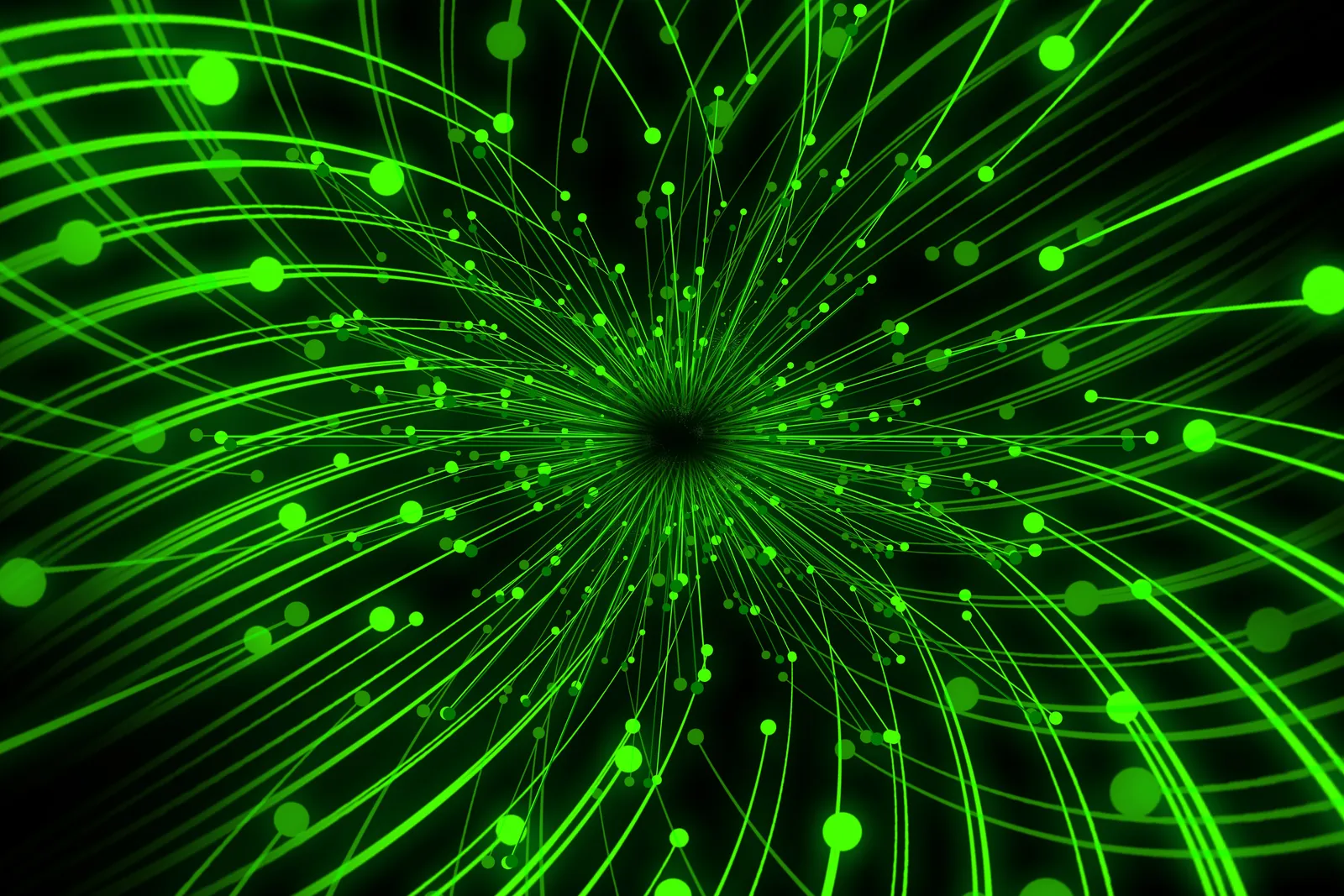 Fasci luminosi di fibre ottiche verdi che si irradiano da un punto centrale su fondo nero