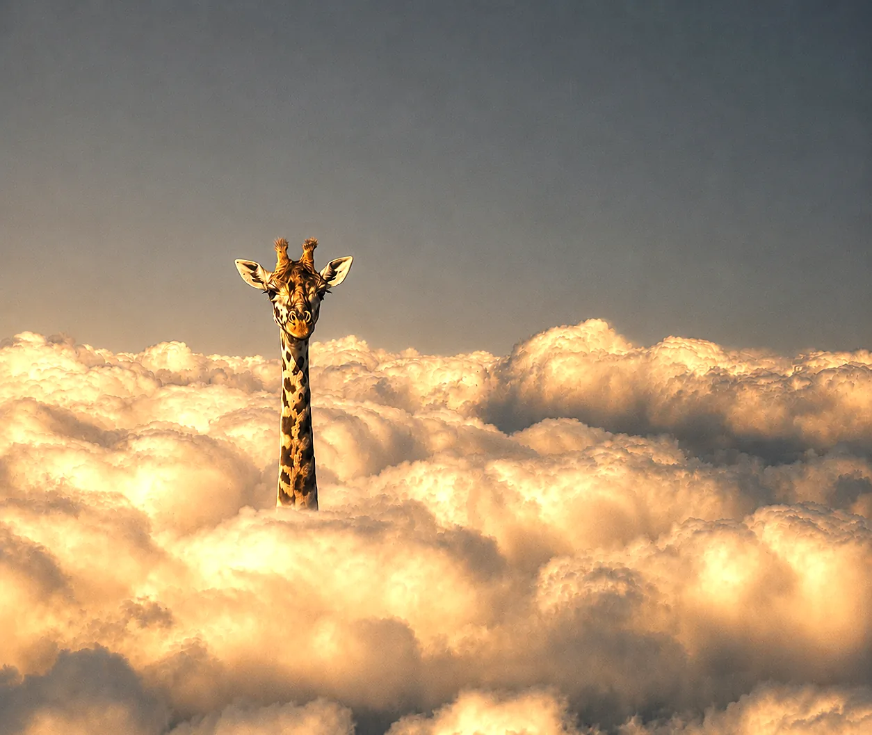La testa di una giraffa che emerge da una distesa di nuvole illuminate dal tramonto