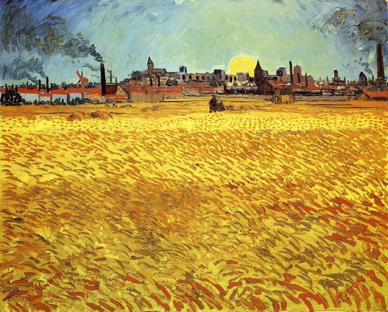 Campo di grano al tramonto, dipinto di Vincent van Gogh: una distesa dorata davanti al profilo di una città