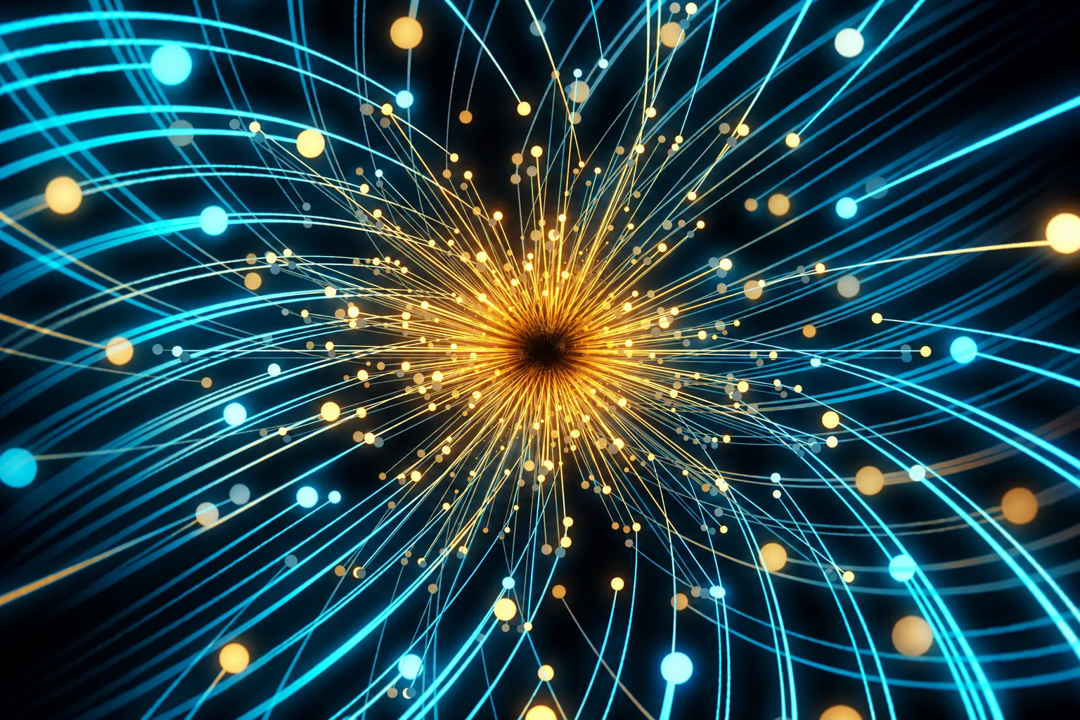 Fibre ottiche luminose blu e oro, simbolo di connessione e comunicazione
